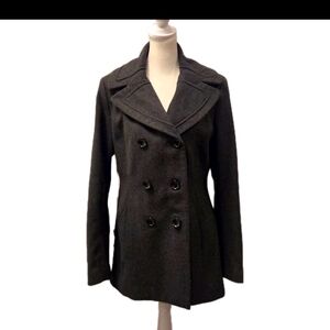 Double Breasted Wool Blend Dark Grey Pea Coat Womens Vintage Y2K Size M
